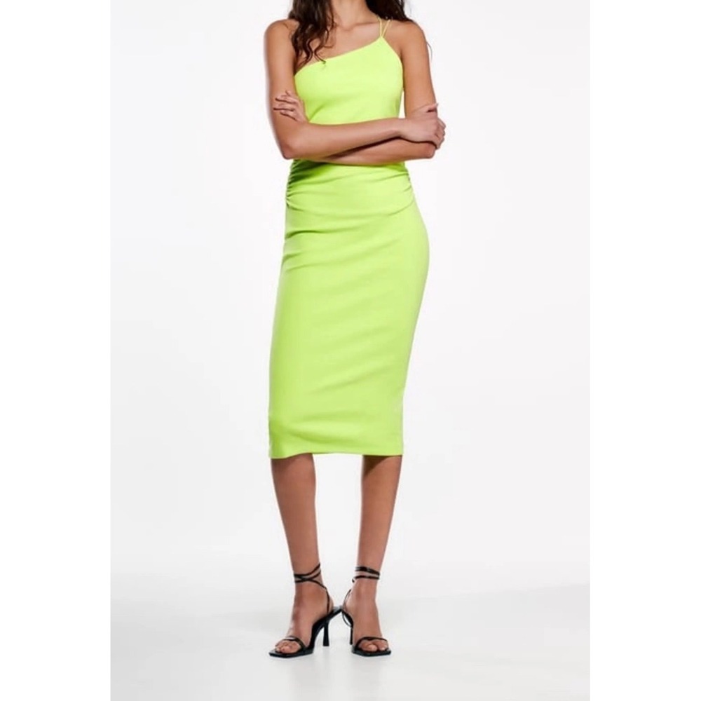 NWT Women's Zara Asymmetric Neon‎ Green Midi Dress Size Large